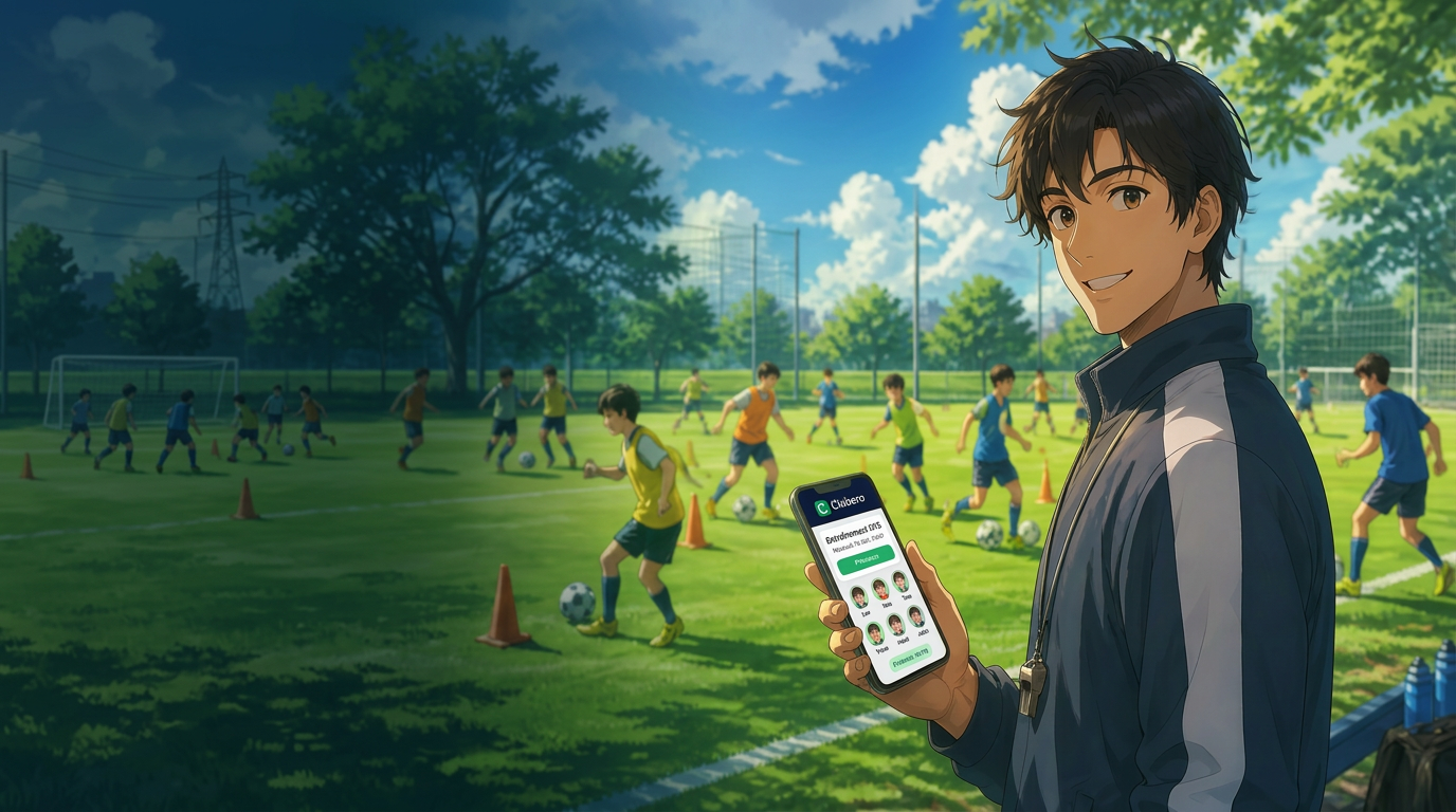 Amateur club coach checking Clubero on the sideline at sunset